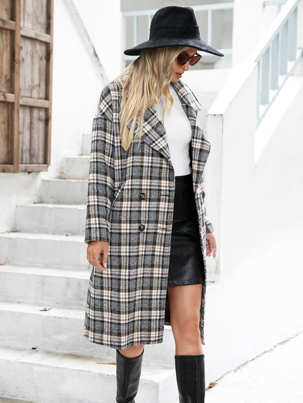 Long Double-breasted Cashmere Coat With Suit Collar
