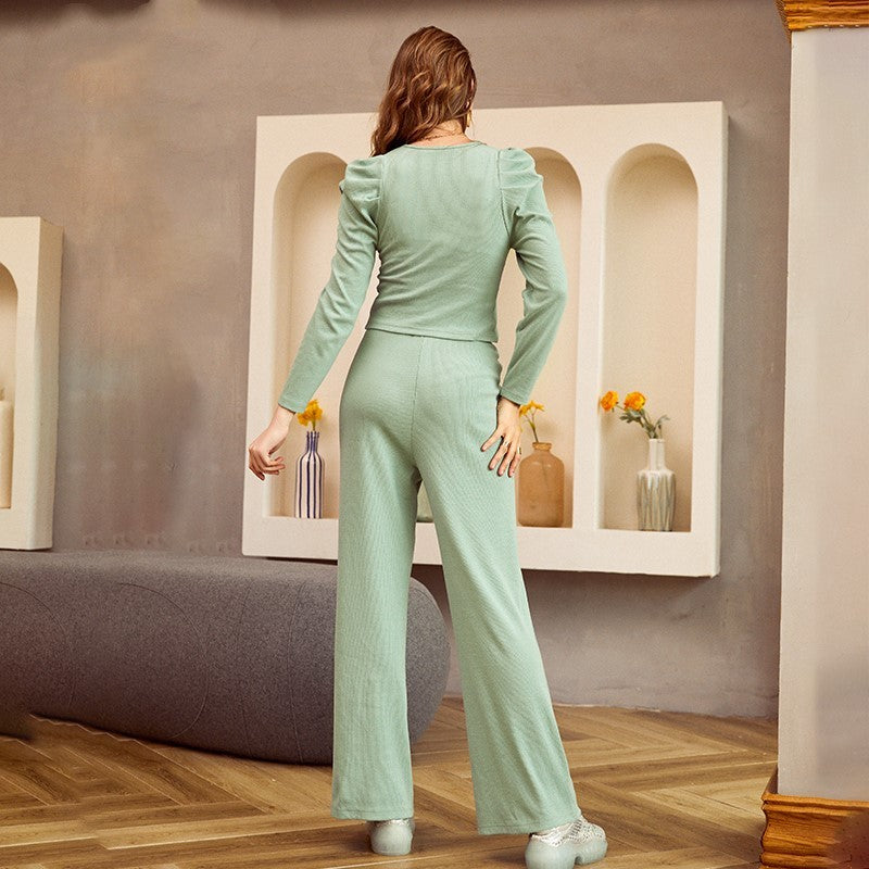 Long sleeve top casual pants two-piece slim fit