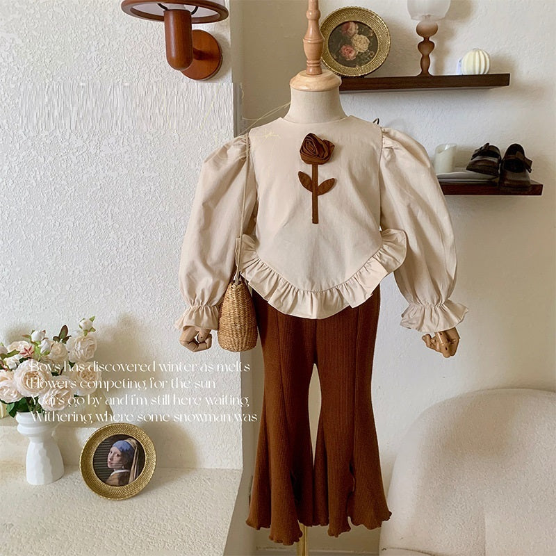 Girls Spring And Autumn Retro Shirt Flared Pants Suit