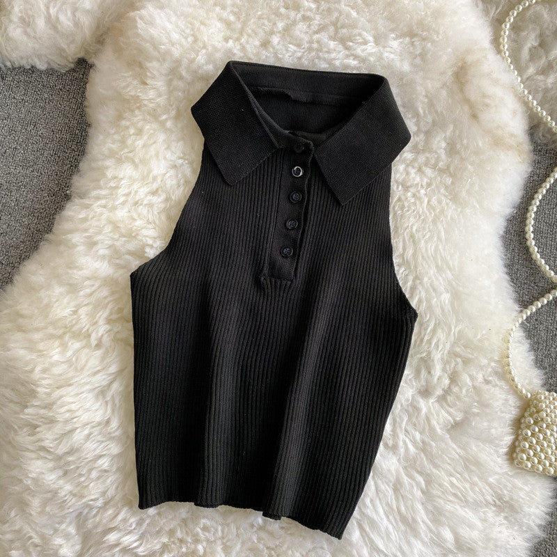 Pure Color Polo Collar Halter White Camisole