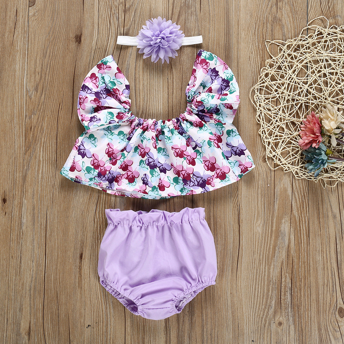 Ensemble de culottes à manches volantes et fleurs de couleur unie pour fille