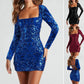 Robe sexy dos nu à paillettes, mode slim, col carré, manches longues, vêtements pour femmes