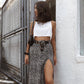 Leopard print floral print high waist stretch slit long A-line skirt