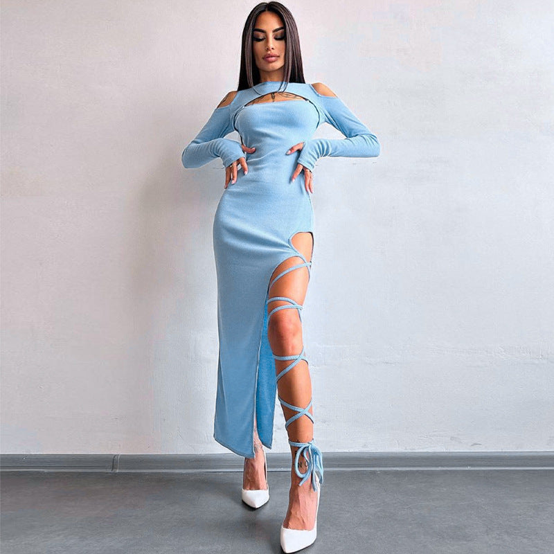 Robe fendue à manches longues et leggings ajourés de couleur unie pour femme