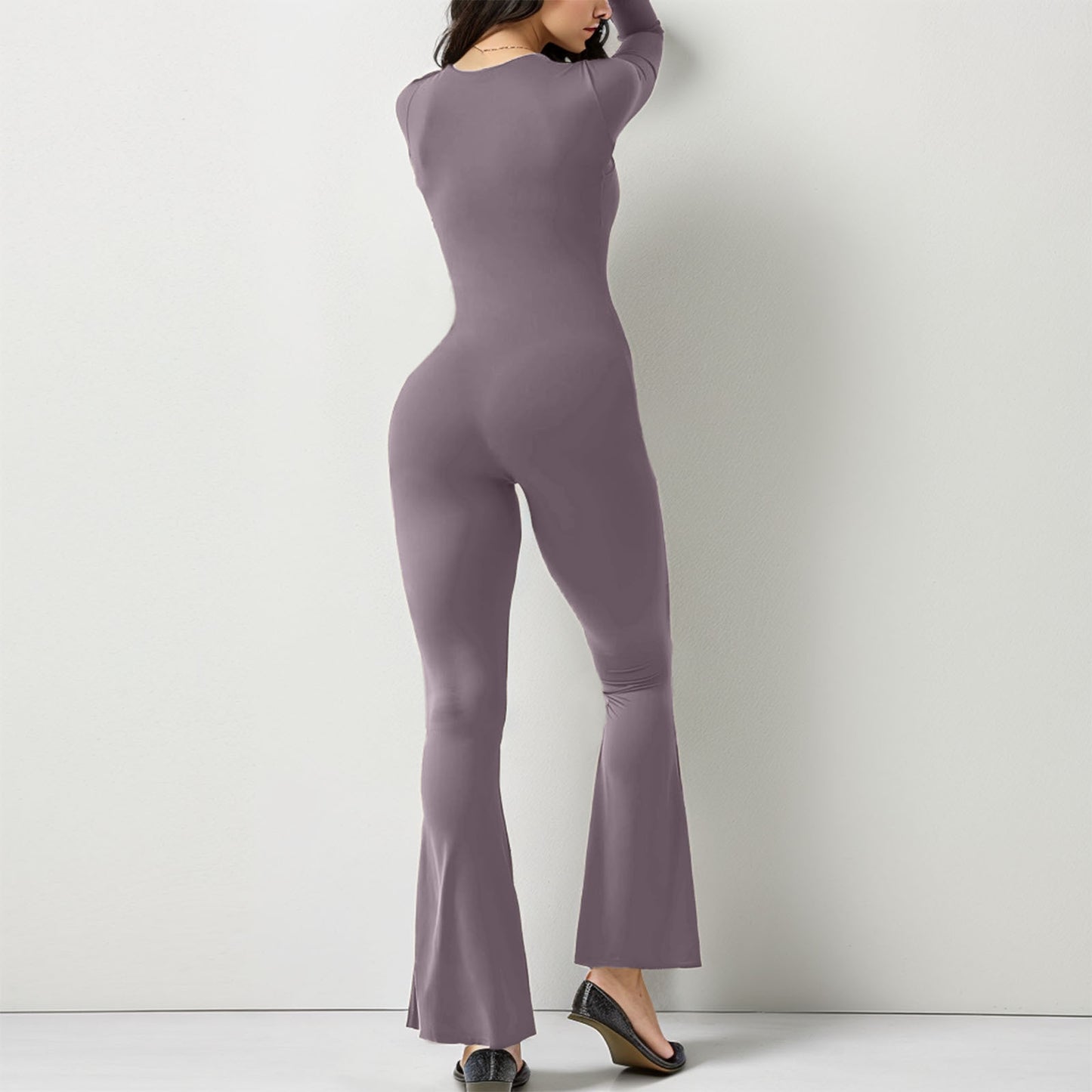 Combinaison à manches longues pour femme, effet ventre plat et hanches rehaussées, col carré, jambes larges, très élastique