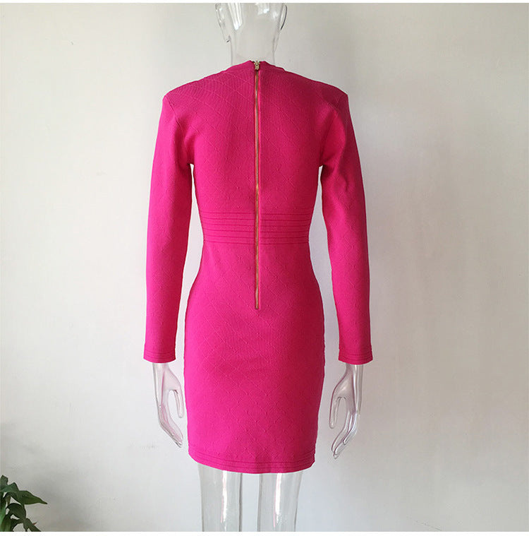 Knit Dress, Base Skirt, Temperament Was Thin, Solid Color V-Neck Long-Sleeved Hip Skirt