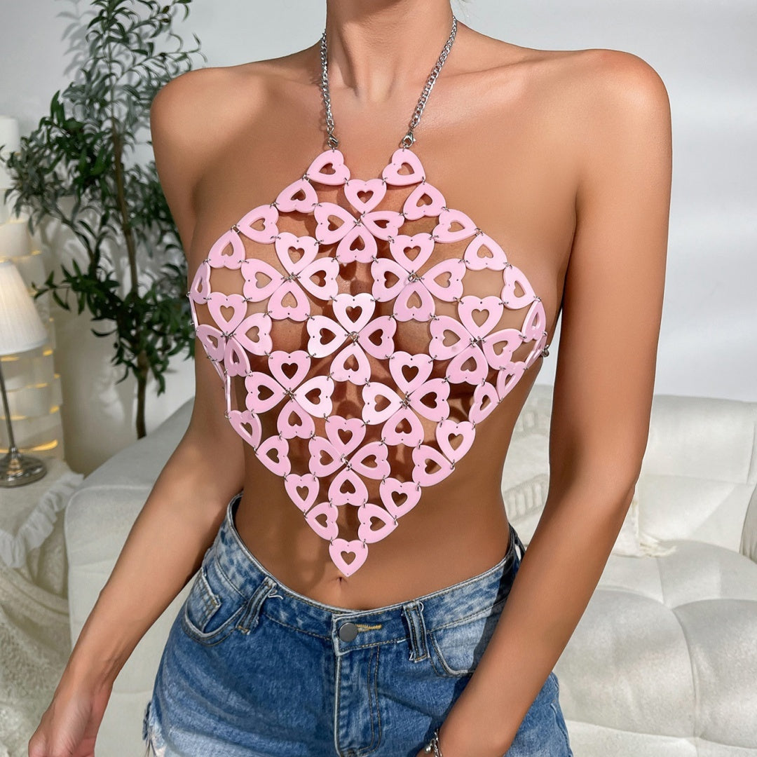 Heart Sequins Acrylic Metal Chain Stitching Halterneck Vest Women