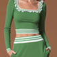Sporty Retro Striped Square Neck Ruffled Green Cotton T Shirt And Skirt Set