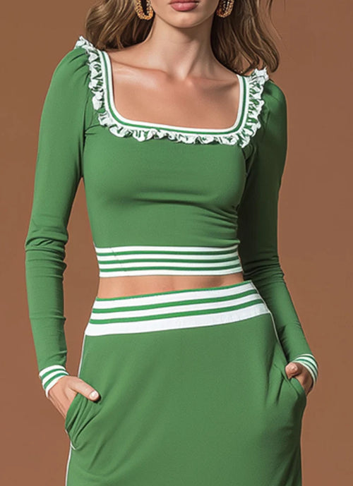 Sporty Retro Striped Square Neck Ruffled Green Cotton T Shirt And Skirt Set