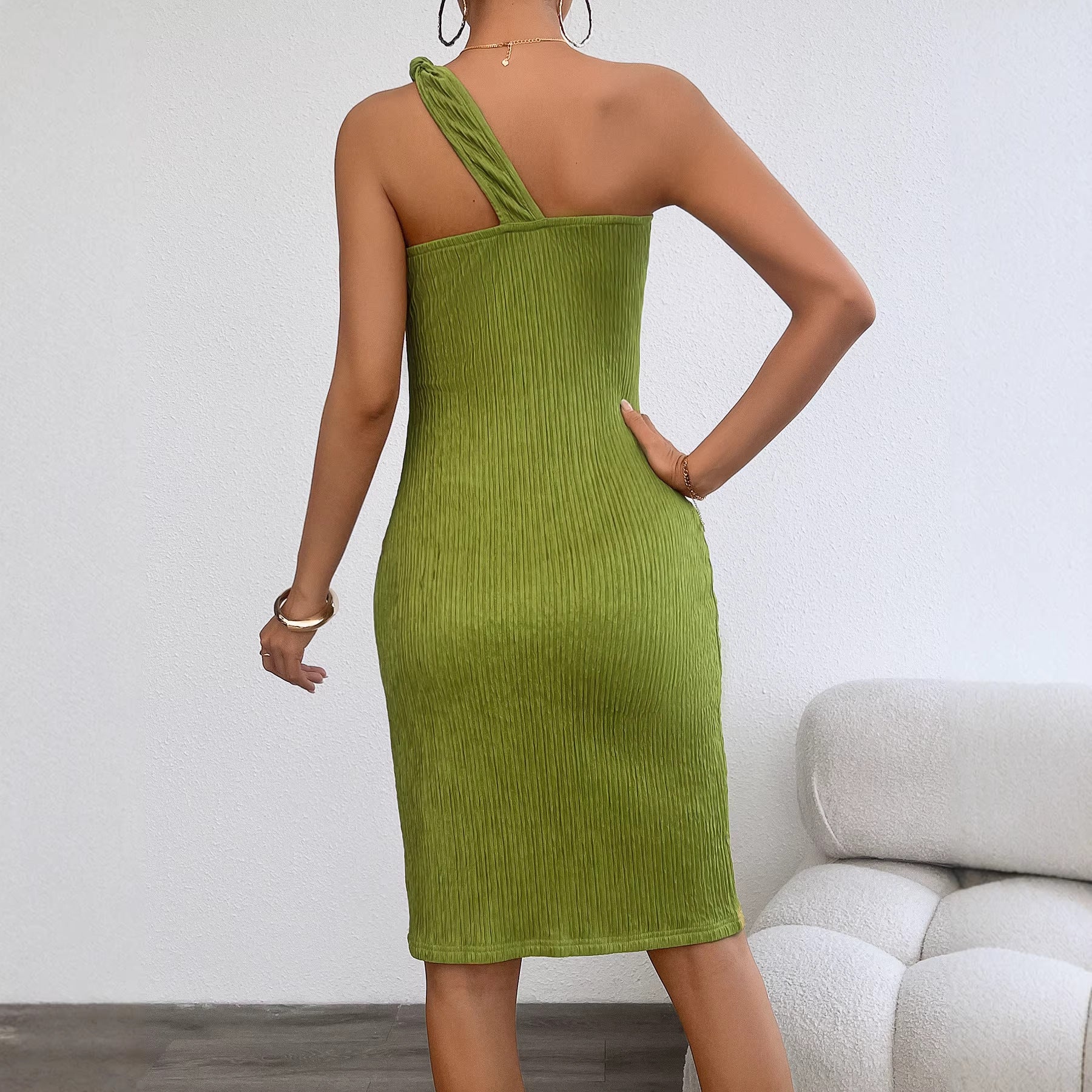 Womens Slant-Neck Off-Shoulder Sexy Slim-Fit Dress