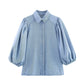 Women's Puff Sleeves Denim Shirt Jeans Suit