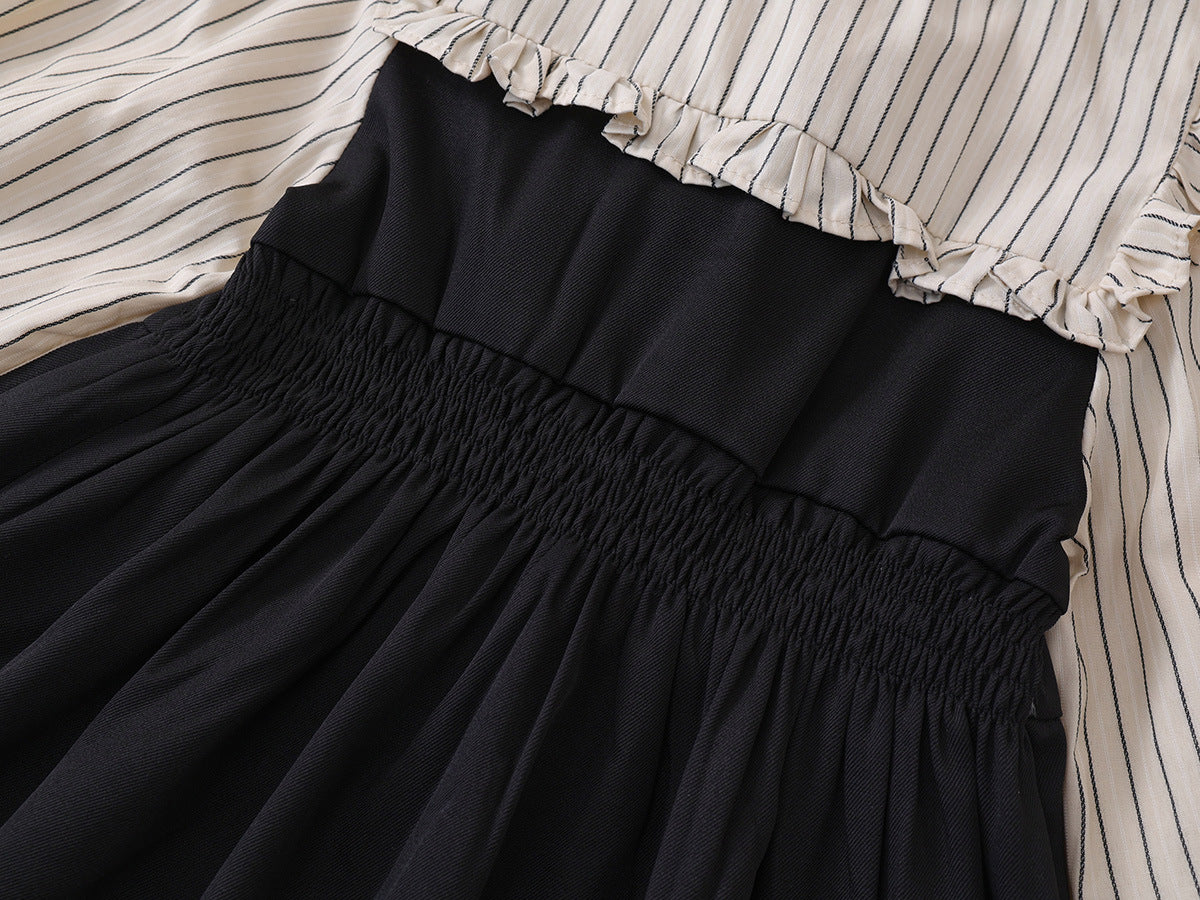 Fake Two-piece Korean Striped Contrast Color Long Sleeve Skirt