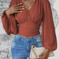 V-neck Sleeve Solid Color Pleated Women's Long-sleeved Top