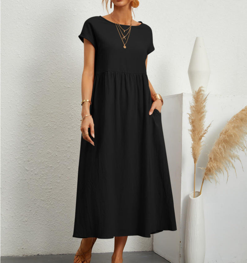 European And American Solid Color Sleeveless Loose Cotton Linen Pocket Dress