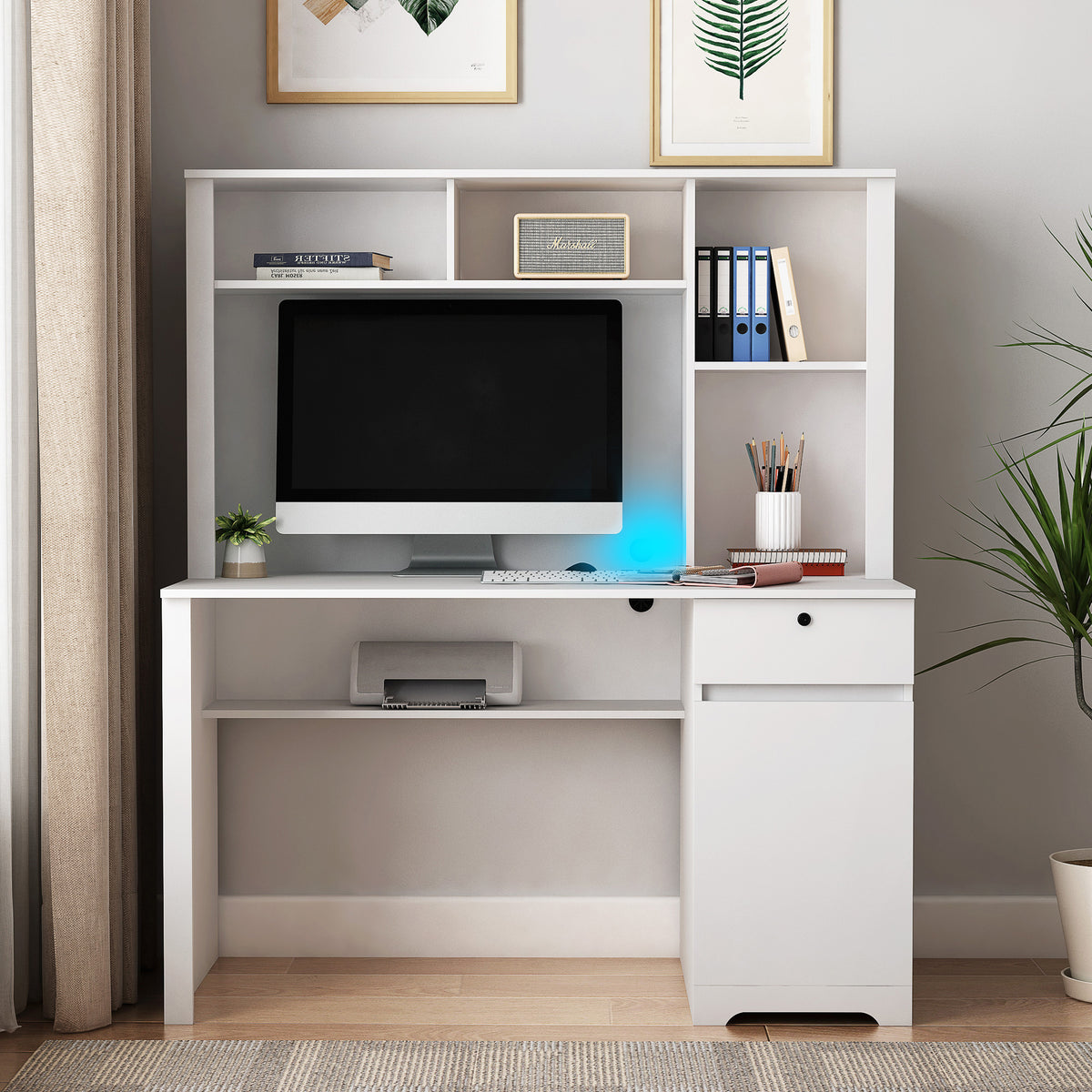 Computer Desk With Hutch & Bookshelf,Wood Executive Desk Teens Student Desk Writing Laptop Home Office Desk With Drawers,3 AC Outlets And 2 USB Charging Ports,Study Laptop Table For Home