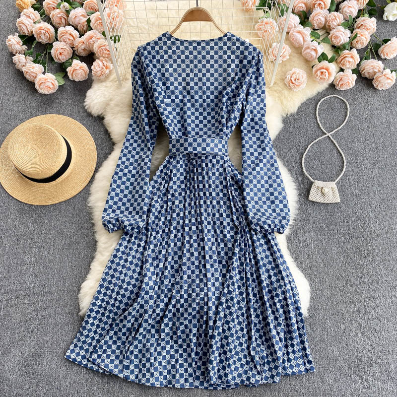 Women's Plaid Skirt Slim Mid-length Puff Sleeve Palace Style Dress