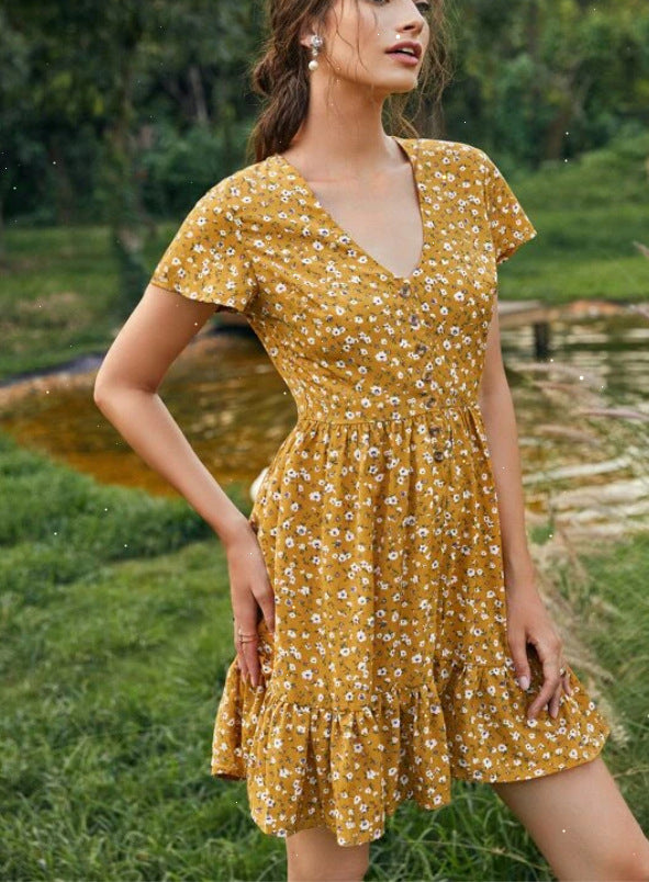 Robe d'été slim à manches en feuille de lotus et col en V