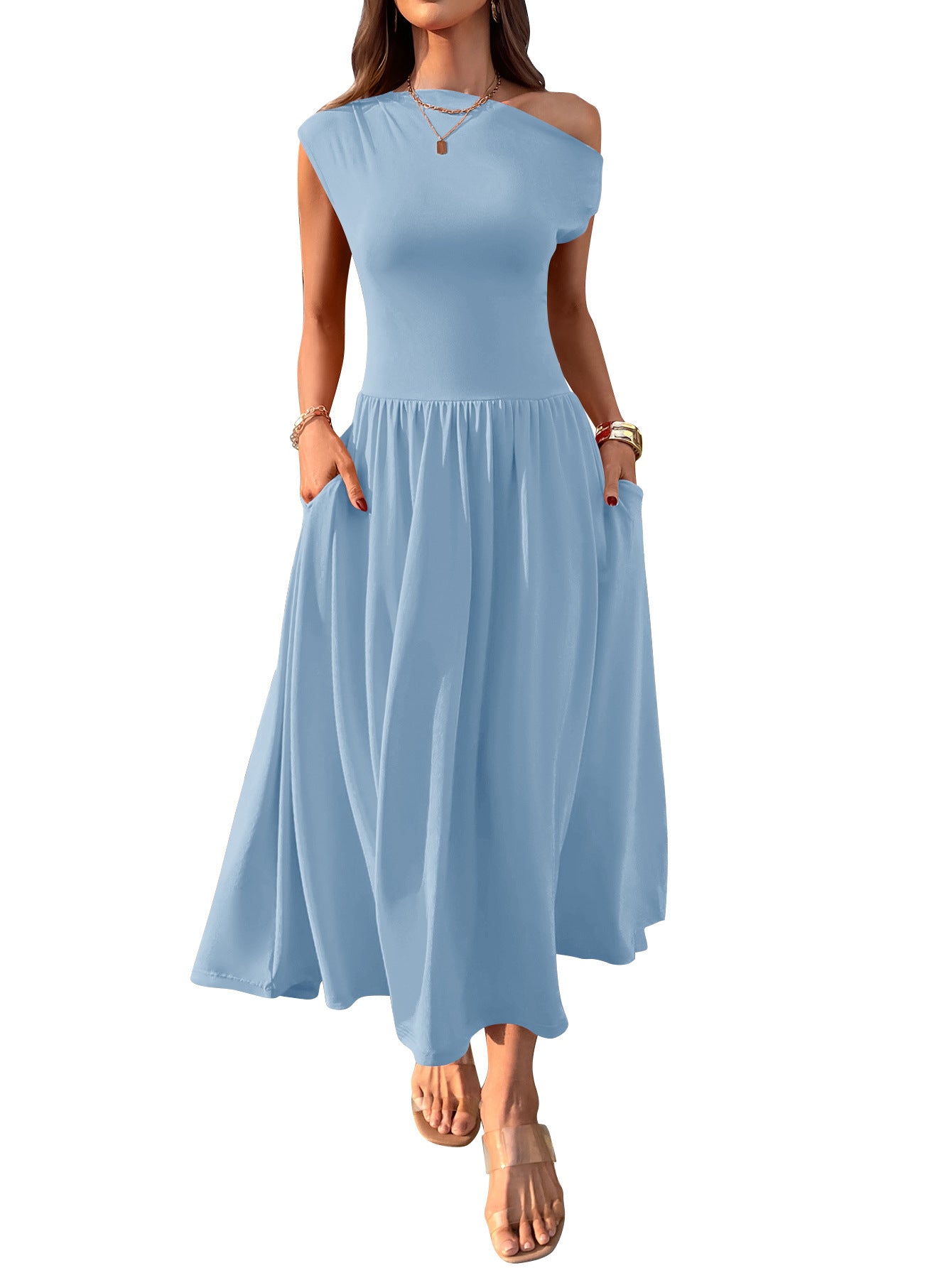 Slant Shoulder Waist Trimming Long With Pocket Dress