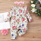 Girls' Long-sleeved Ruffled Printed One-piece Romper Hair Band Two-piece Set