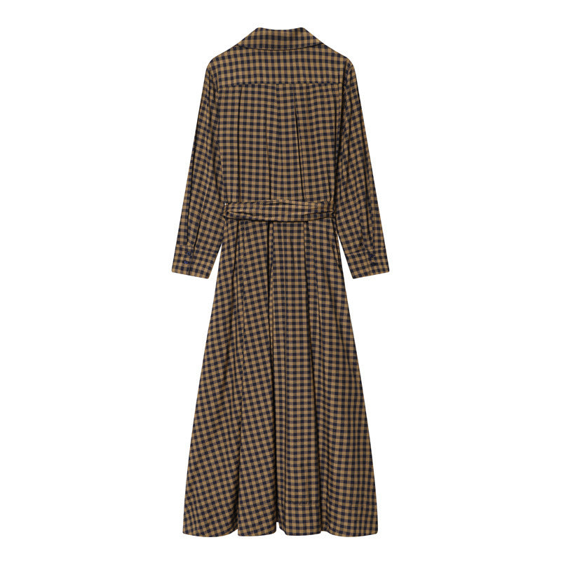Checkered V-neck Long Sleeve Belted Shirt-style Dress