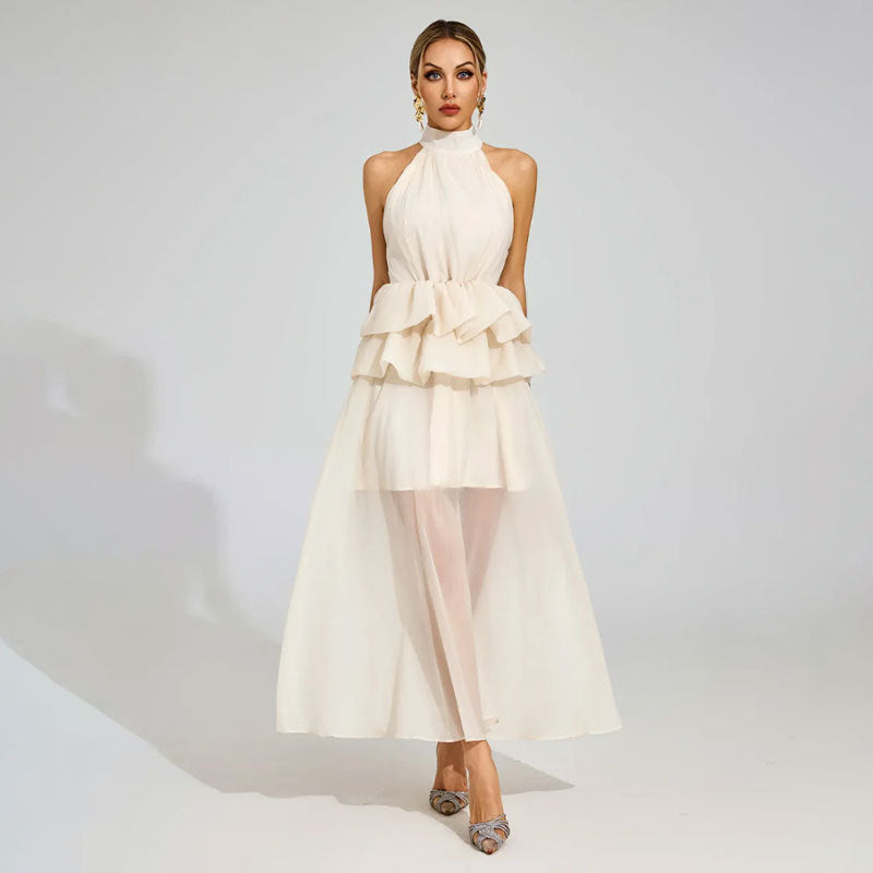Flowy Ruffled Wedding Dress With A Halter Neckline