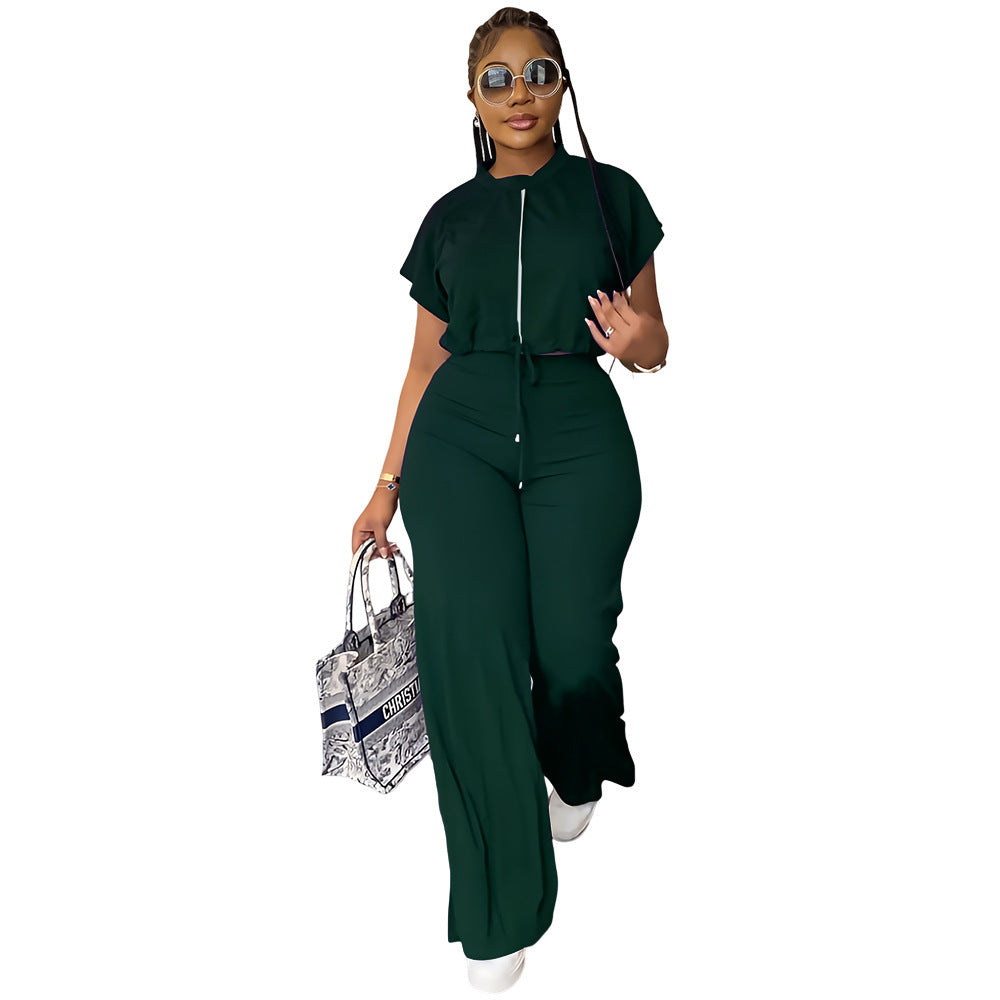 Drawstring Short Top High Waist Slit Women's Suit