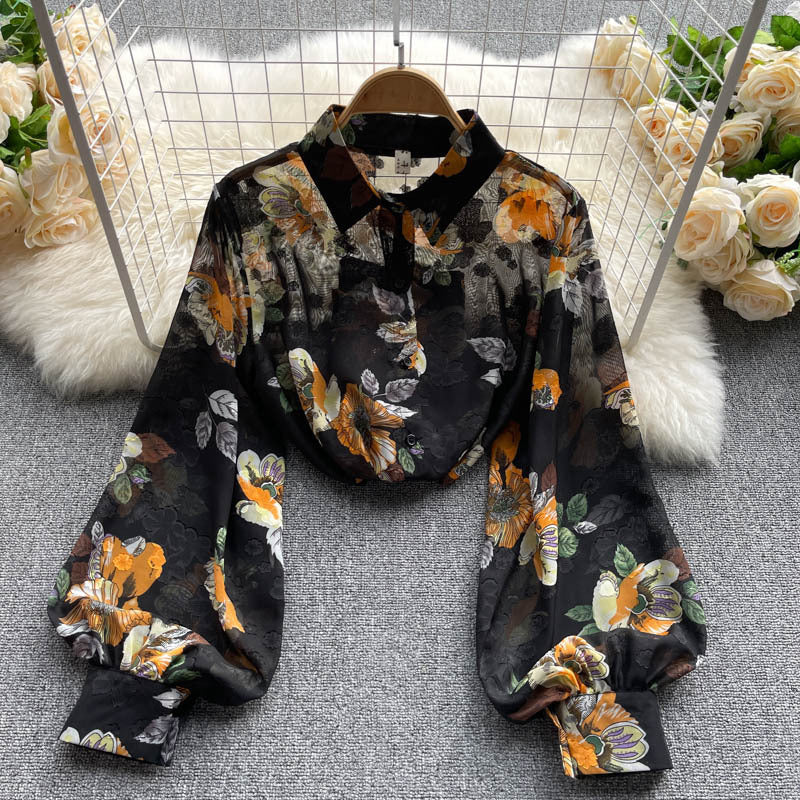Chemise vintage imprimée à manches longues pour femme