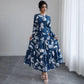 Blue Long-sleeved Round-neck Waist-tied Slim-fit Printed Midi Dress
