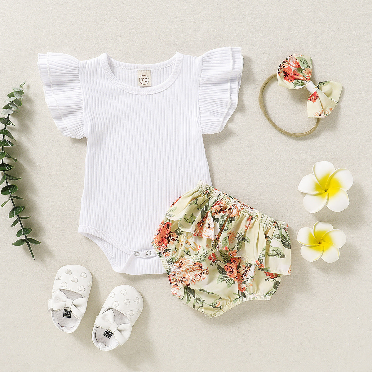 Hanging Multicolor Flying Sleeve Romper  Floral Culottes  Headscarf