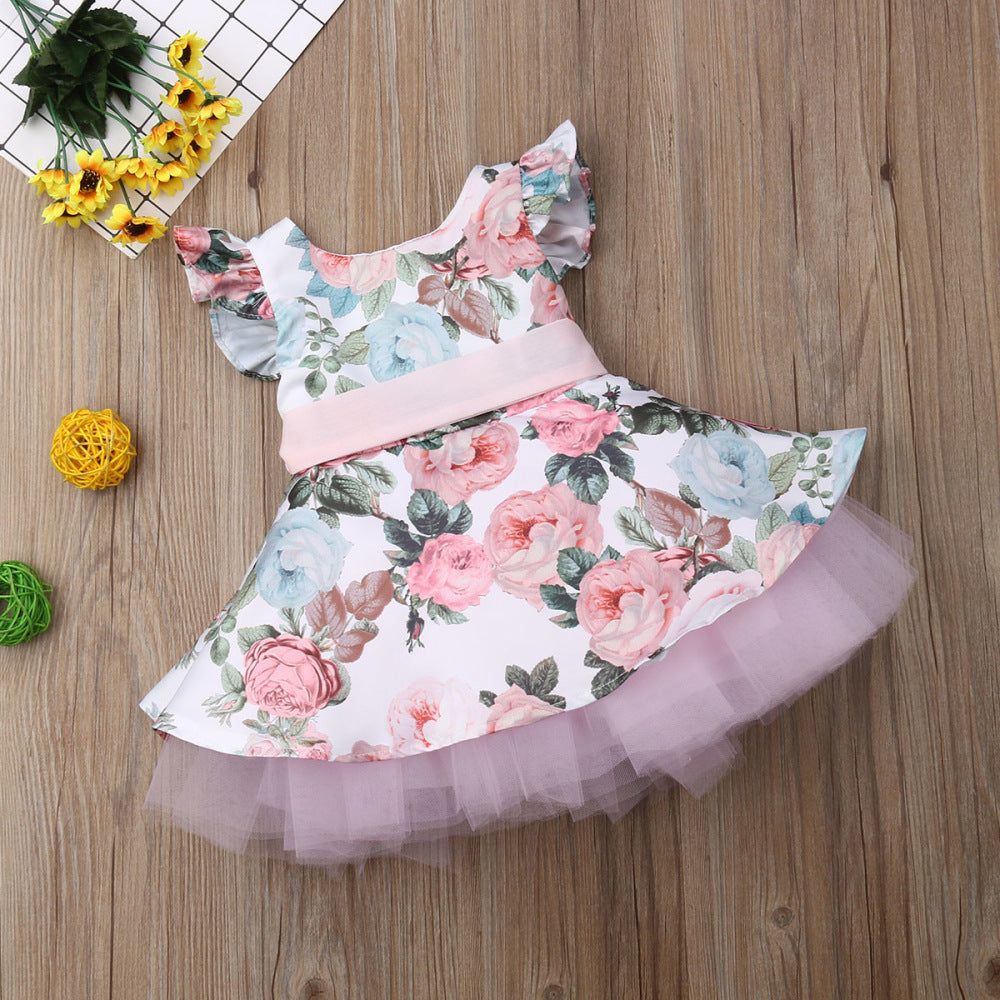 Flower-sleeved gauze dress