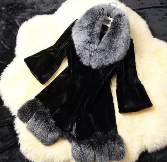 Imitation Fur Rabbit Hair Splicing Big Hair Collar Slim Overcoat