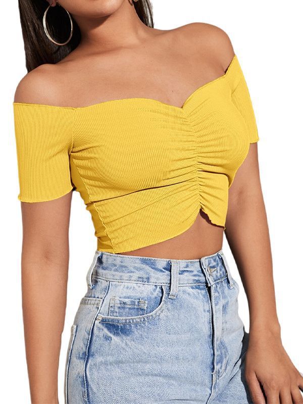 T-shirt amincissant à épaules dénudées pour femme, couleur unie
