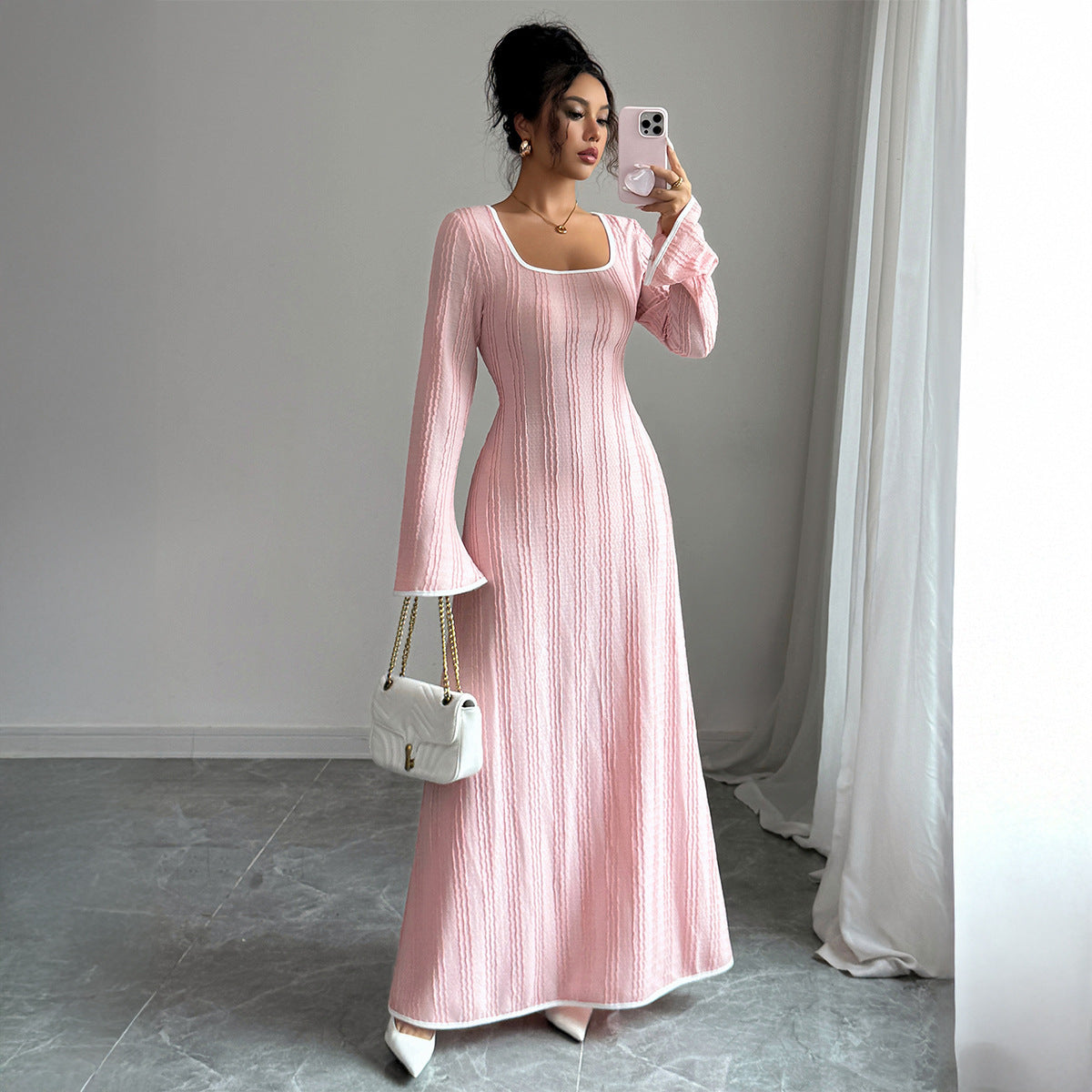 Slim-fitting Simple Long Sleeve Dress Women's Clothing