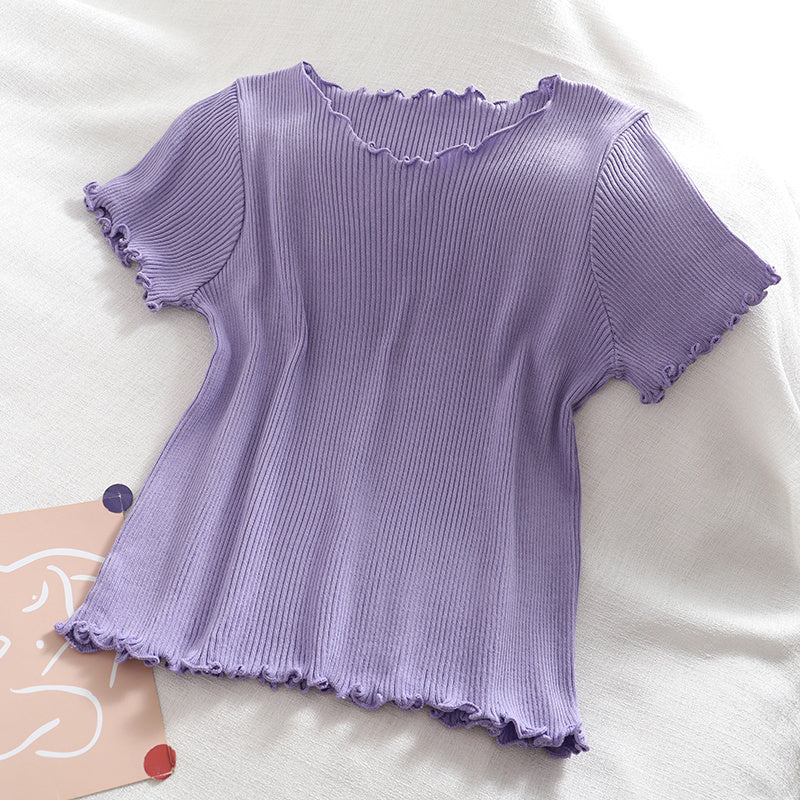 Summer Thin Elastic Pit Strip Half-Sleeved Top Pink Girl