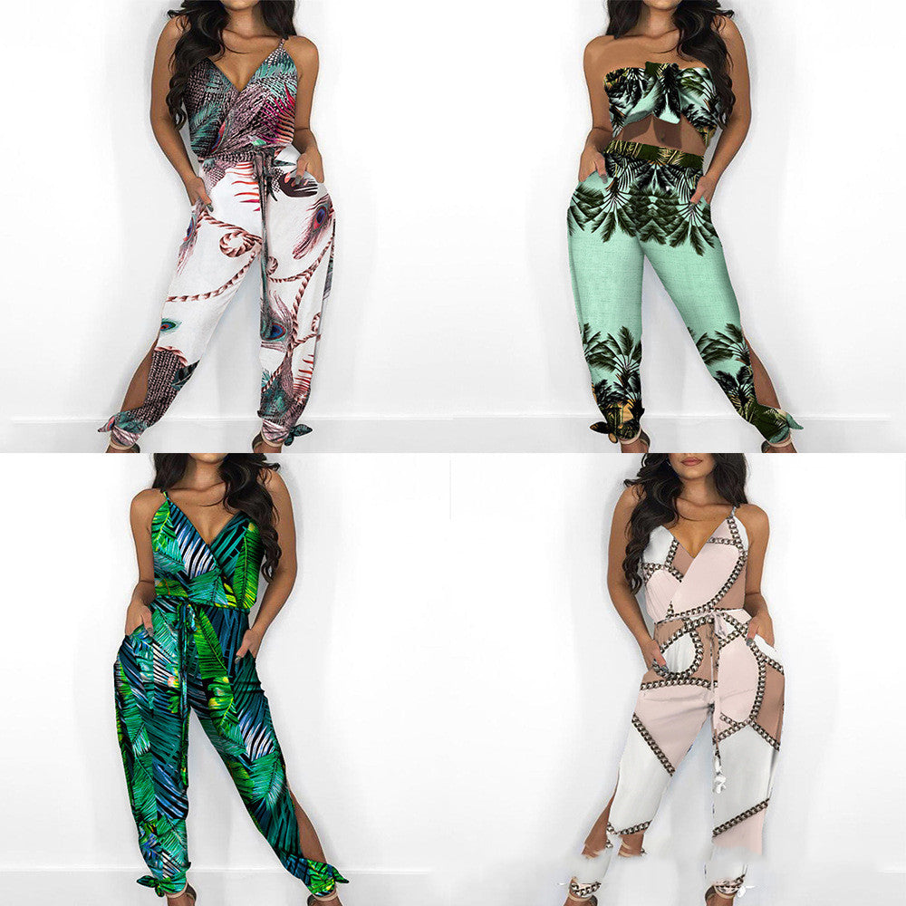 Peacock Feather Print Sleeveless Slit