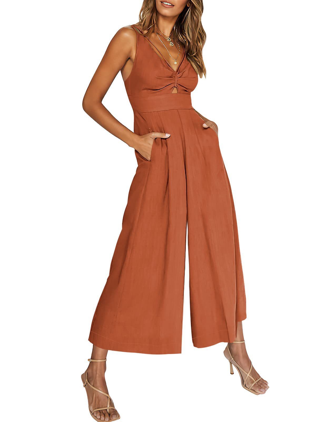 Combinaison d'été à col en V et bretelles ajourées, plissée, taille haute, jambes larges, poches pour femmes