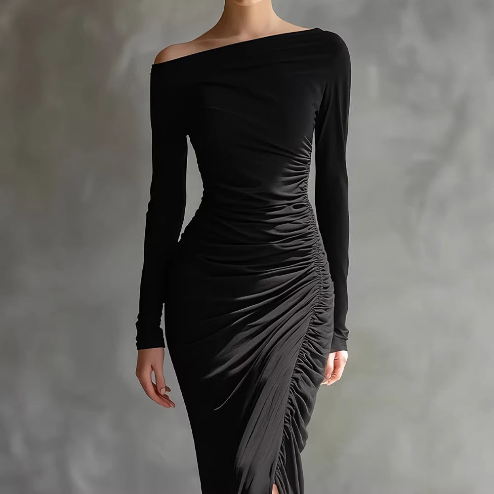Elegant Wrap Dress With A Boat Neckline And A Fitted Waist