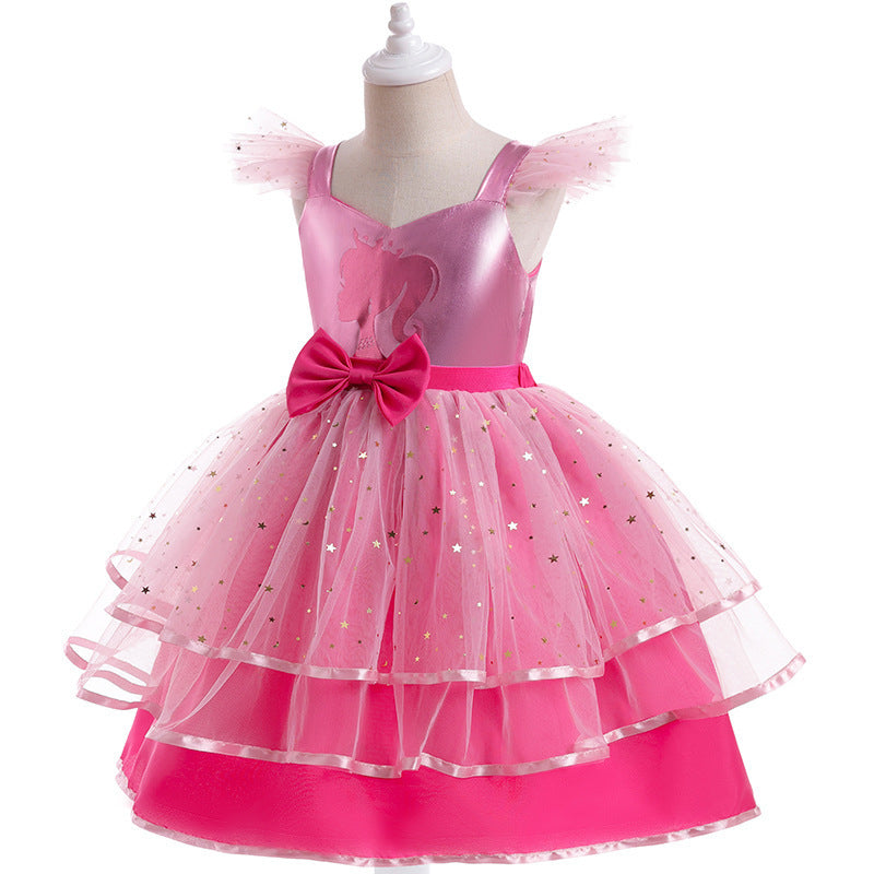 Girl's Simple Cartoon Printed Mesh Dress