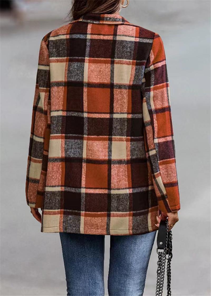 Women's Loose Printed Checks Long Sleeve Pocket Woolen Coat Cardigan Top