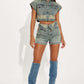 European And American Fashion Casual Denim Color Matching Two-piece Women's Clothing