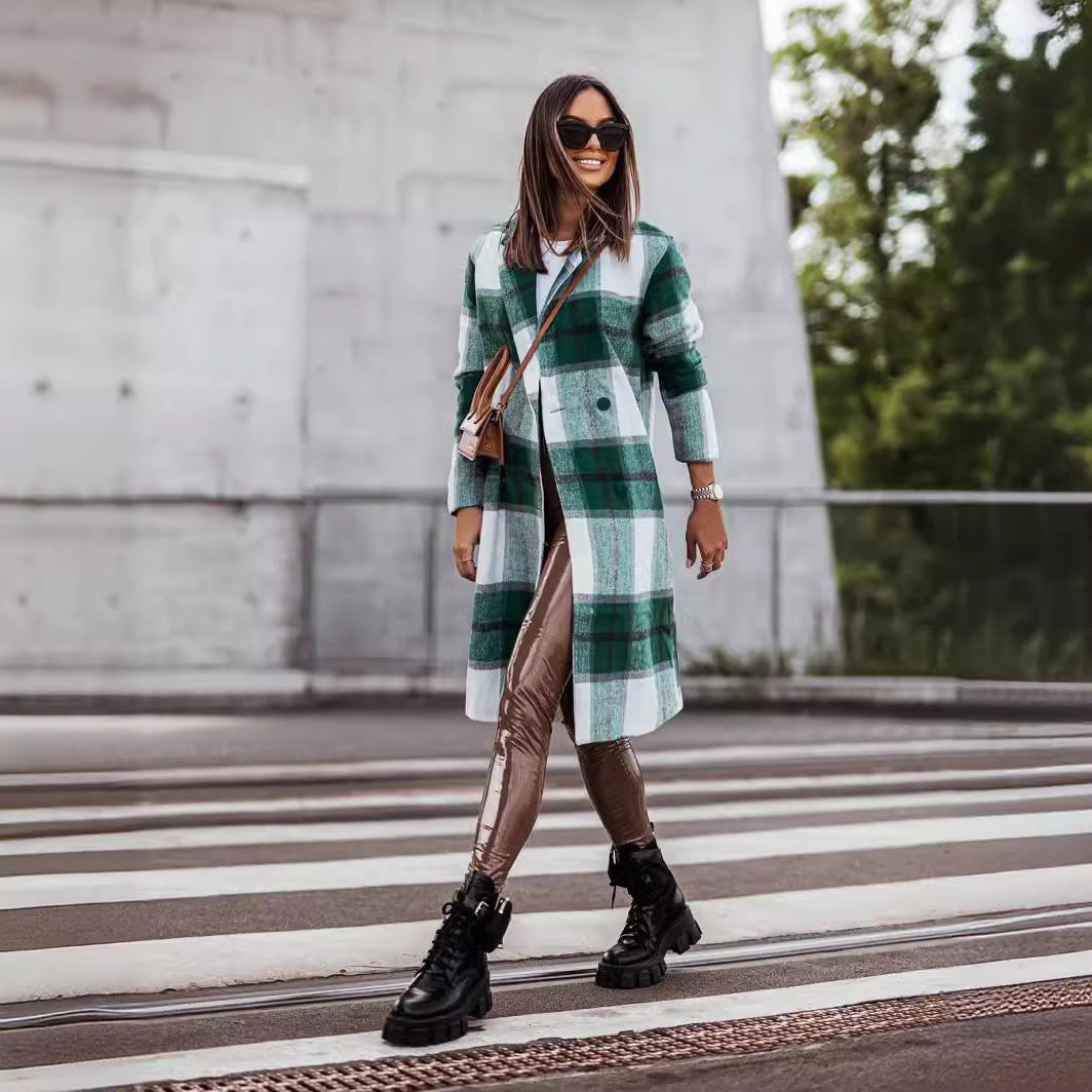 Manteau mi-long en laine brossée à carreaux, tendance automne-hiver européenne et américaine
