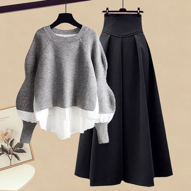 Women's Casual Fashion Fake Two-piece Top Slim Fit Skirt Two-piece Set