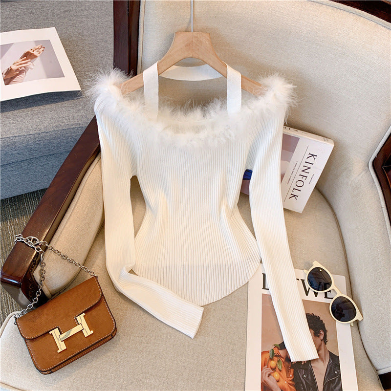 Super Fairy Fur Collar Off-shoulder Sweater Women's Design Sense Niche Off-shoulder Slim Top