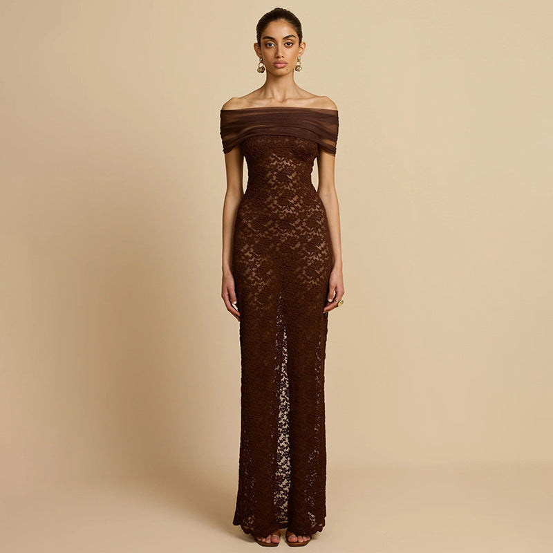 Women's Off-shoulder See-through Lace Split Slim-fit Sheath Dress