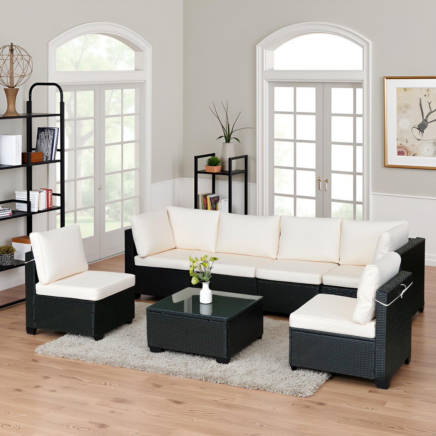 Selling Seven-Piece Sofa Set Table With Sofa Chair Black PE Rattan Outdoor New Design Furniture 7-JH002 Box 3-1-2-3 With White Color Cushion