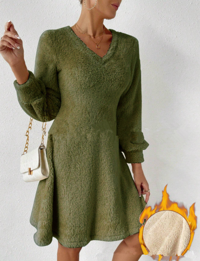 Women's Autumn And Winter Thickened Double-sided Plush V-neck Slimming Dress Pajamas
