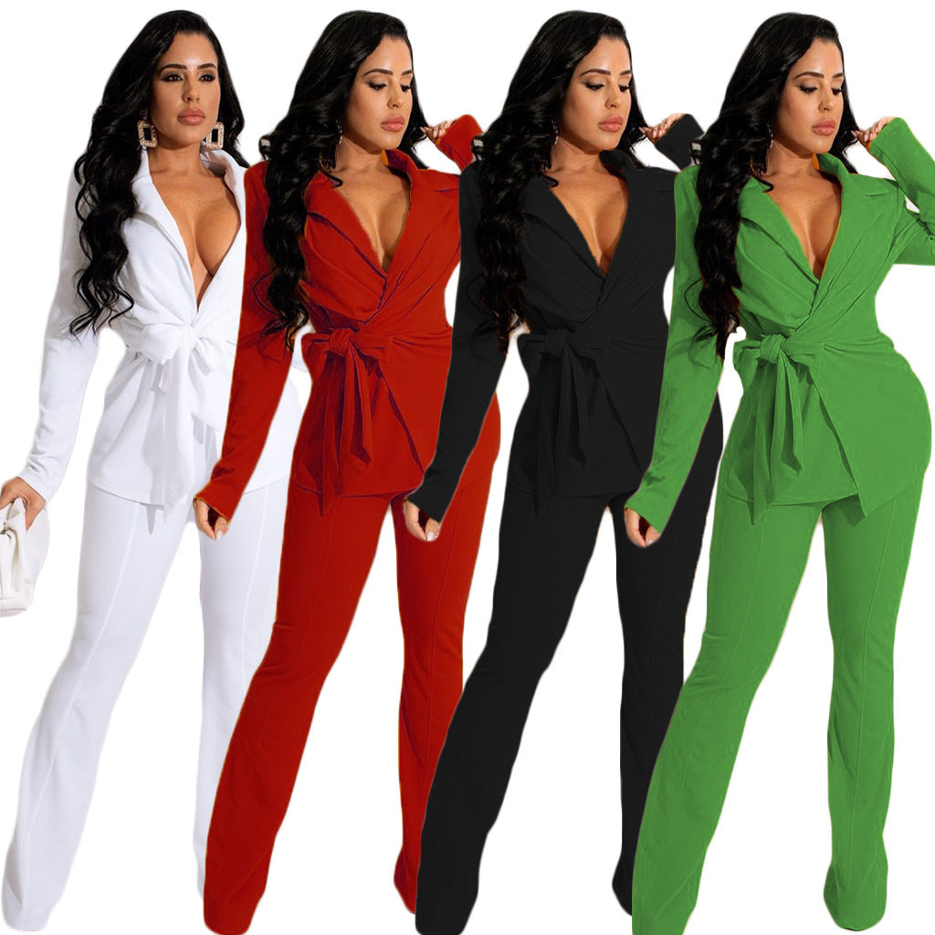 Ensemble deux pièces pour femme, couleur unie, col en V, tendance et professionnel