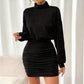 Elegant Mini Dress With Lantern Sleeves Pleats Gold Accents And A Figure-hugging Fit
