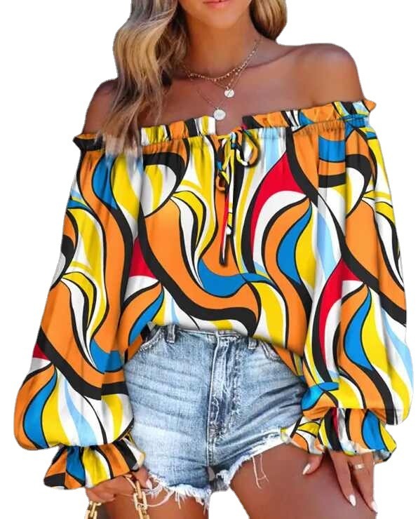 Women's Printed Off-neck Flare Sleeve Tie-neck Shirt