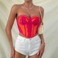 Low-cut Color Matching Wrapped Chest Lace Steel Ring Fishbone Top
